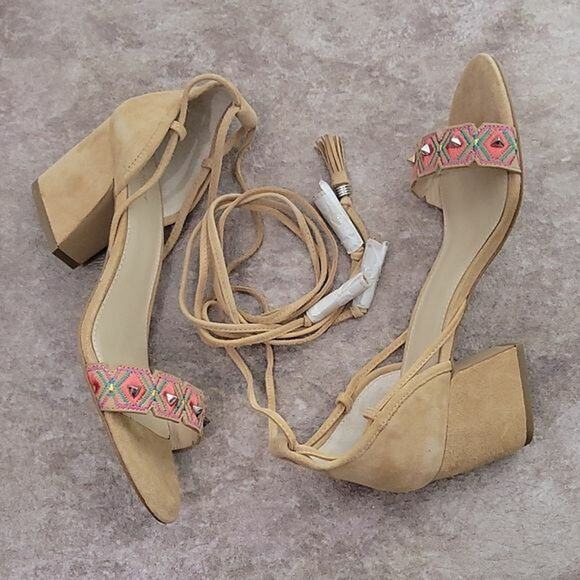 Botkier Penelope Tan Suede Embroidered Ankle Lace Up Heeled Sandals NEW Womens 8 - Picture 5 of 10